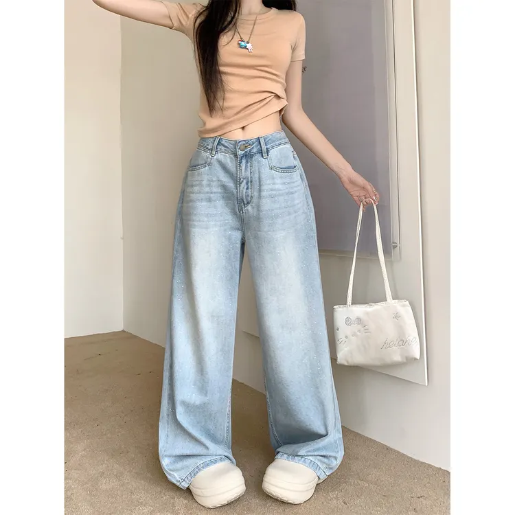 独特设计感闪闪直筒牛仔裤女2025秋季新款大码胖mm高腰显瘦阔腿裤