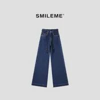 3-SMILEME【壁炉夜话】“100%棉”抽绳宽松显瘦阔腿牛仔裤R5473024