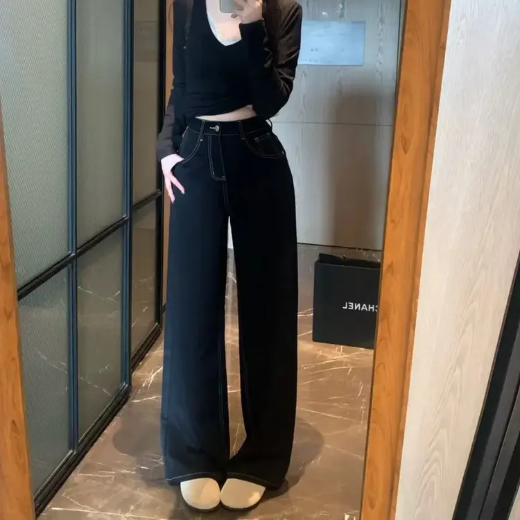 单宁牛仔裤女高腰宽松显瘦遮肉垂顺2025春夏高级感百搭休闲阔腿裤