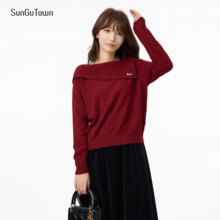 森谷小城金丝简约一字领针织衫落肩袖冬季春季百搭5DQX00903