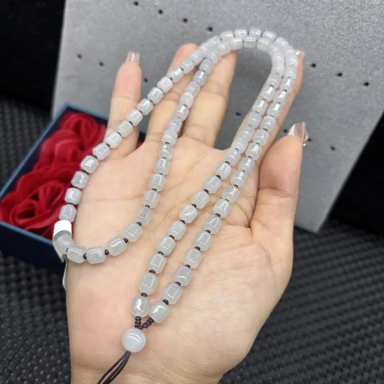 保真天然缅甸A货翡翠冰种桶珠6mm玉石珠链挂件绳毛衣链长链百搭款