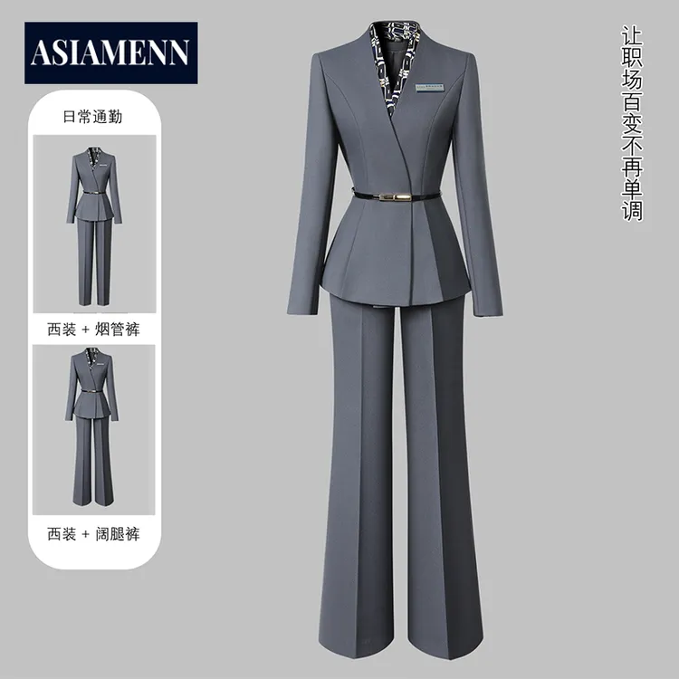 灰色职业女款西装套装春秋高级感酒店前台工装制服经理干练工作服
