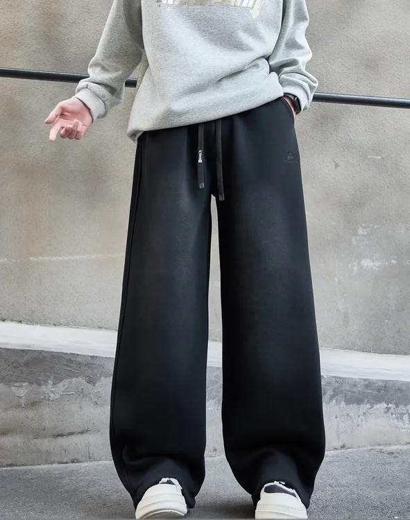 青少年宽松直筒一体绒卫裤裤子加厚针织秋冬加绒男士休闲裤百搭