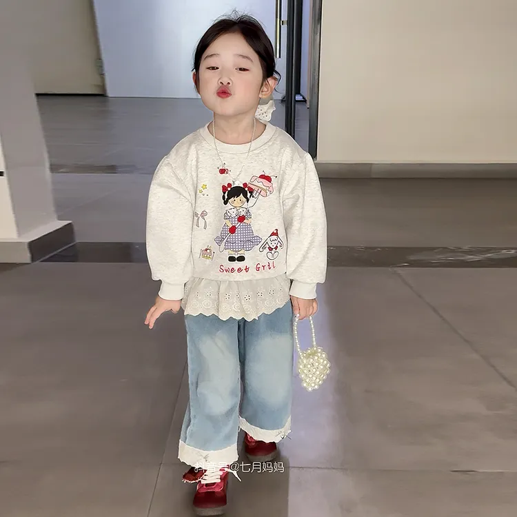 女童卫衣2025春秋新款女宝宝可爱长袖T恤百搭花边牛仔裤两件套潮