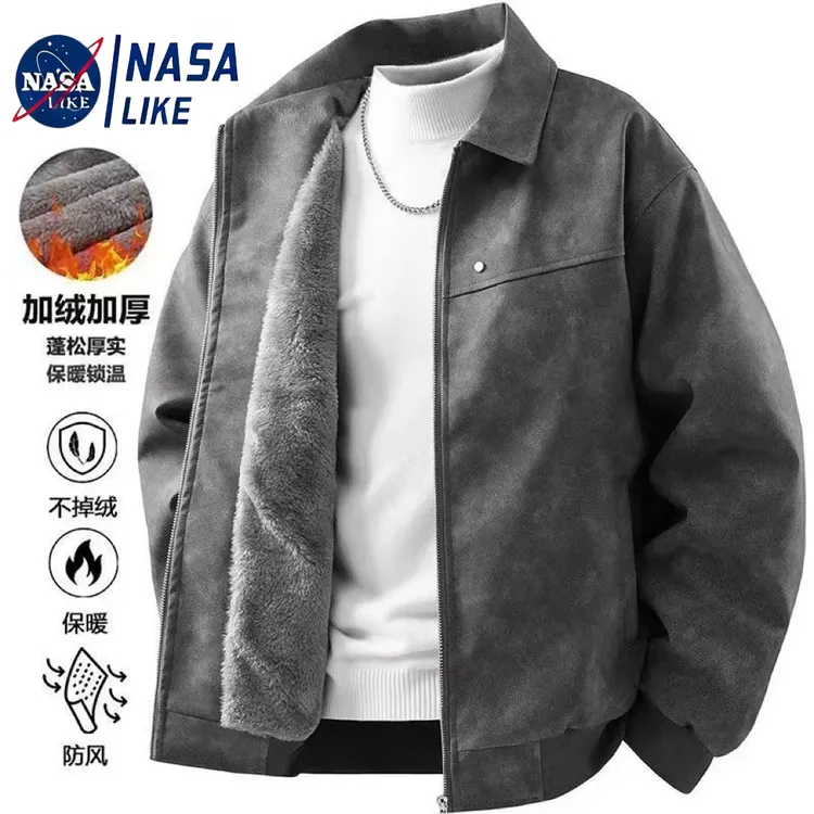 NASA联名男士皮衣加绒冬季美式复古夹克潮牌大码翻领宽松休闲外套