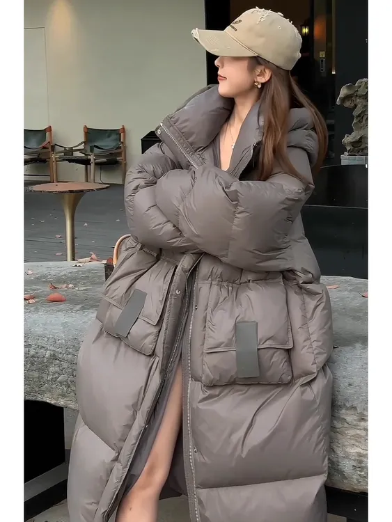 长款连帽过膝羽绒服女2025年冬季韩版宽松休闲加厚白鸭绒保暖外套
