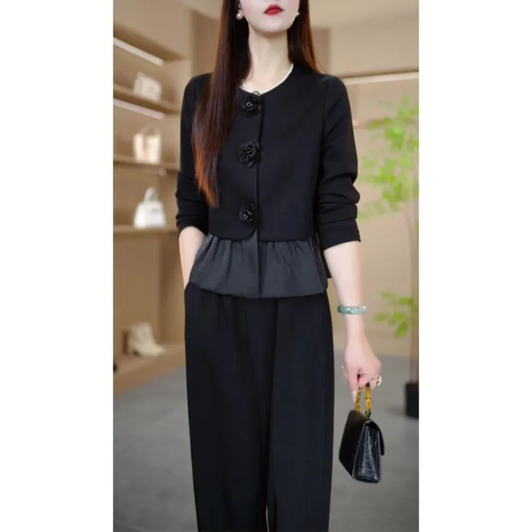 显瘦洋气休闲时尚2025春季新款气质套装长袖百搭上衣阔腿裤两件套