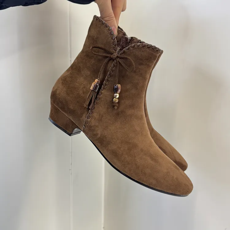 福利款增高3cm~ 圆头绒里内侧拉链瘦瘦短靴女棕色粗跟加绒秋冬