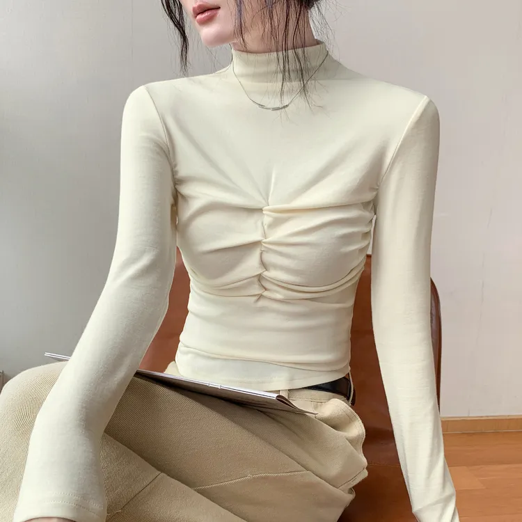 半高领抽皱设计感长袖T恤女2025秋季新款修身上衣正肩内搭打底衫