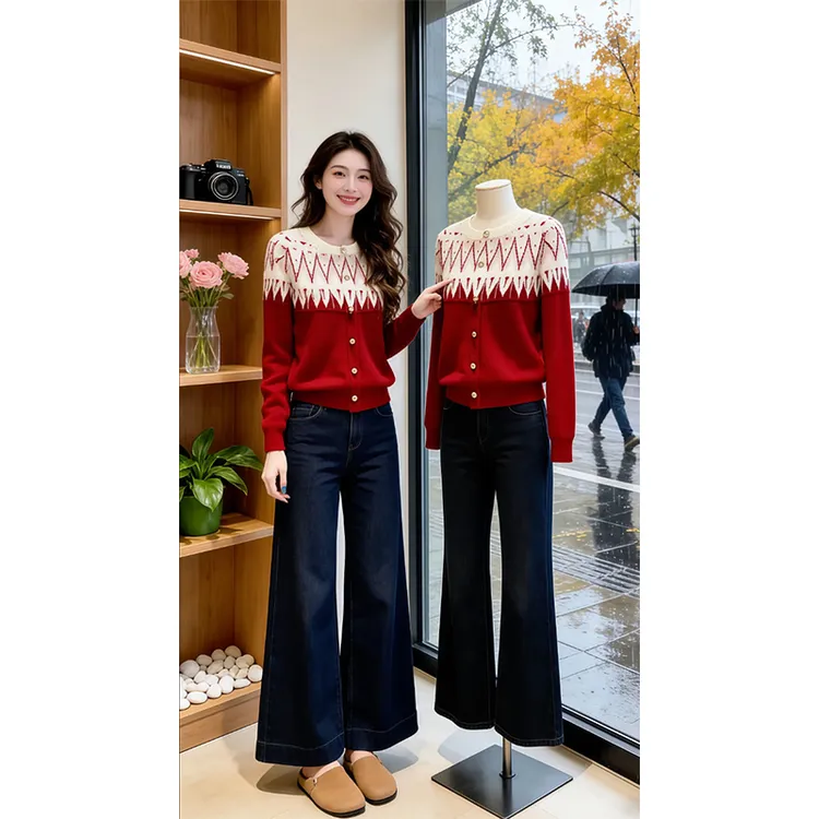 香朵儿【山野草莓】设计感撞色针织毛衣女2026冬季修身法式上衣