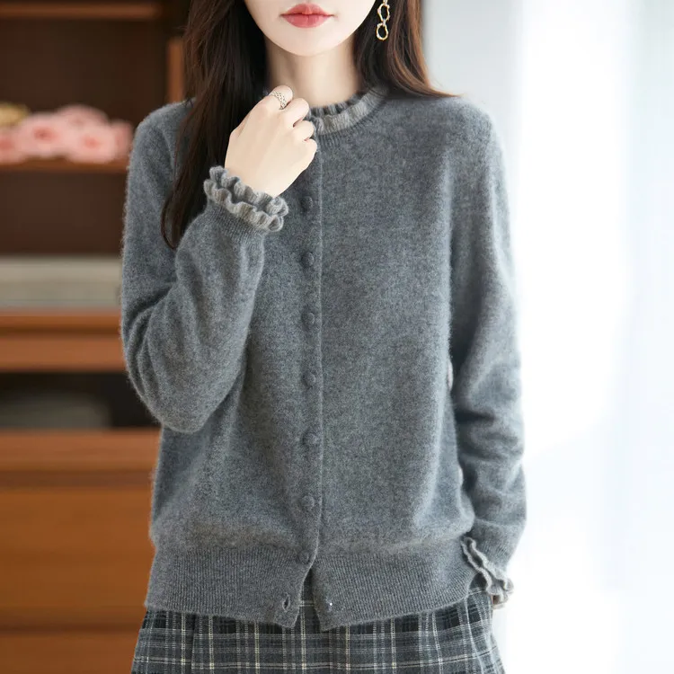 鄂尔多斯市纯100羊毛衫开衫女外搭木耳圆领羊毛上衣短款早秋外套