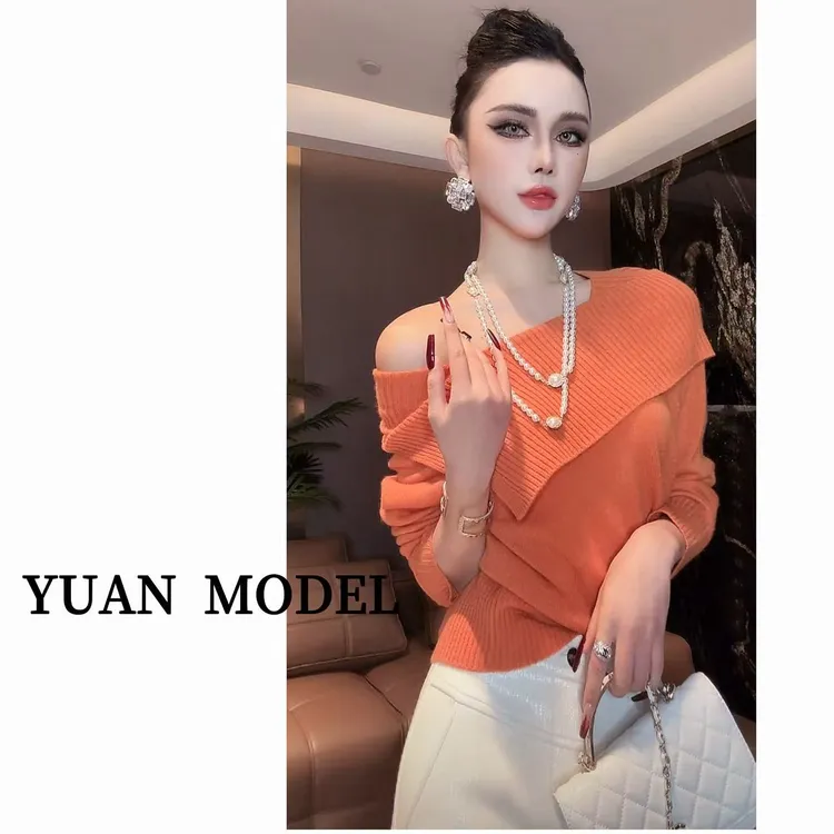 YUAN MODEL/媛老板-时尚不规则一字领套头针织衫弹力线衣  102349