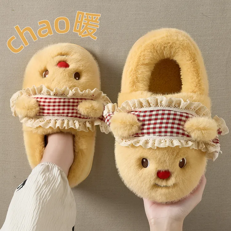 软萌小熊棉拖鞋女款冬季2025新款室内居家保暖毛绒绒包头棉拖女士