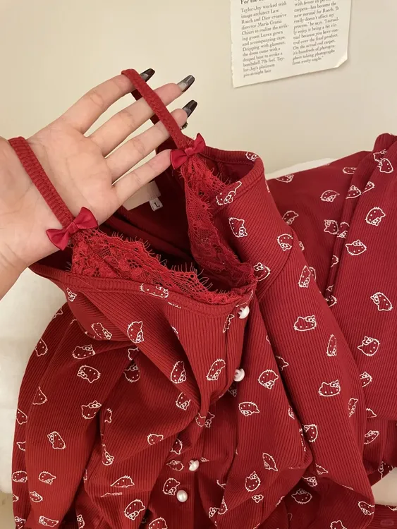 【红色款kitty】带胸垫睡衣女款印花甜美风网红修身春秋季家居服