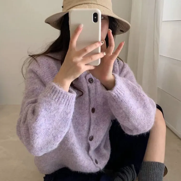 高级感彩纱花线圆领贴布羊毛针织开衫女秋季新款宽松杂色毛衣外套