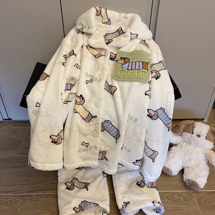 法兰绒睡衣女冬季加厚保暖开衫绿色小狗韩系ins网红风家居服套装