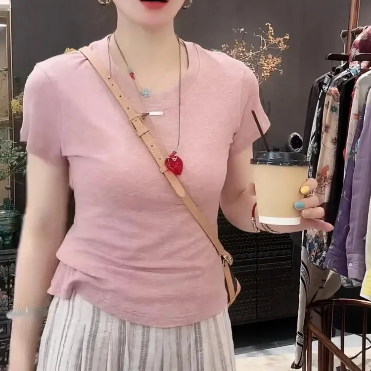 2025夏季韩式新款休闲风修身显瘦显白设计感短袖T恤女简约风上衣