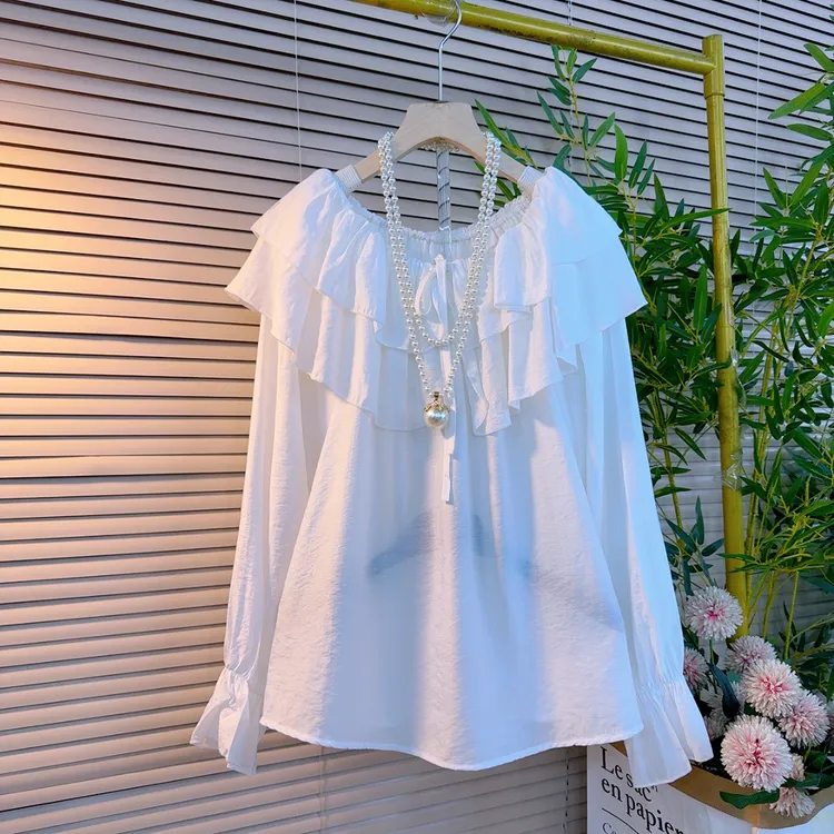 613胖mm春季新款法式名媛风荷叶领可一字肩遮肉显瘦设计感百搭衫