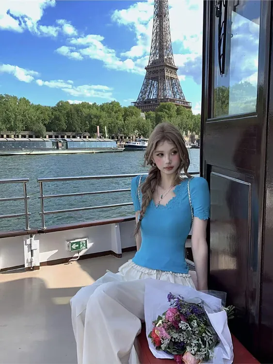 【心动序章】夏季新款设计感蕾丝花边短袖T恤配复古宽松阔腿裤套装