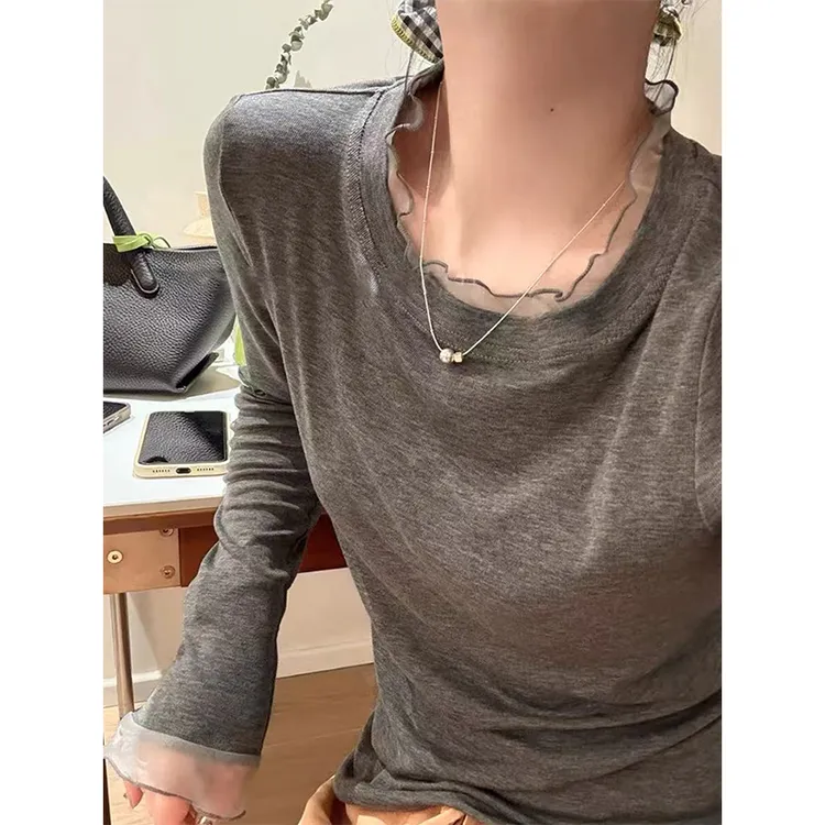 韩系气质灰色网纱拼接正肩上衣女夏季别致绝美小个子短款长袖t恤