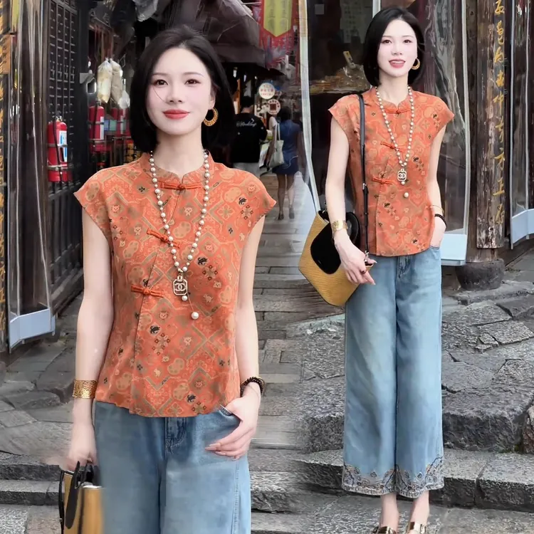 拉夏贝尔新中式衬衫女夏季新款时尚洋气复古盘扣上衣斜襟显瘦小衫