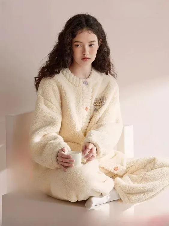 秋冬羊羔绒甜美加厚睡衣女套装珊瑚绒桂花绒韩版小香风保暖家居服