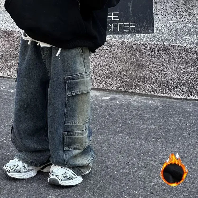 童装男童加绒牛仔裤秋冬季儿童时尚洋气工装裤男孩渐变一体绒裤子