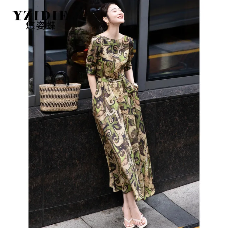 YZIDIE气质优雅女神范连衣裙2025夏时尚印花冰丝高腰大摆长碎花