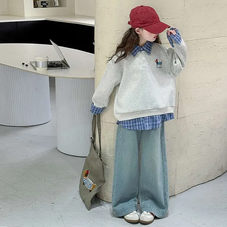 女童卫衣新款春装2025新款洋气儿童运动牛仔裤女大童时尚两件套潮
