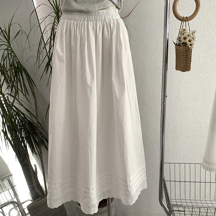 2025春夏季甜美蕾丝花边拼接A字松紧高腰中长款半身裙洋气欧若风