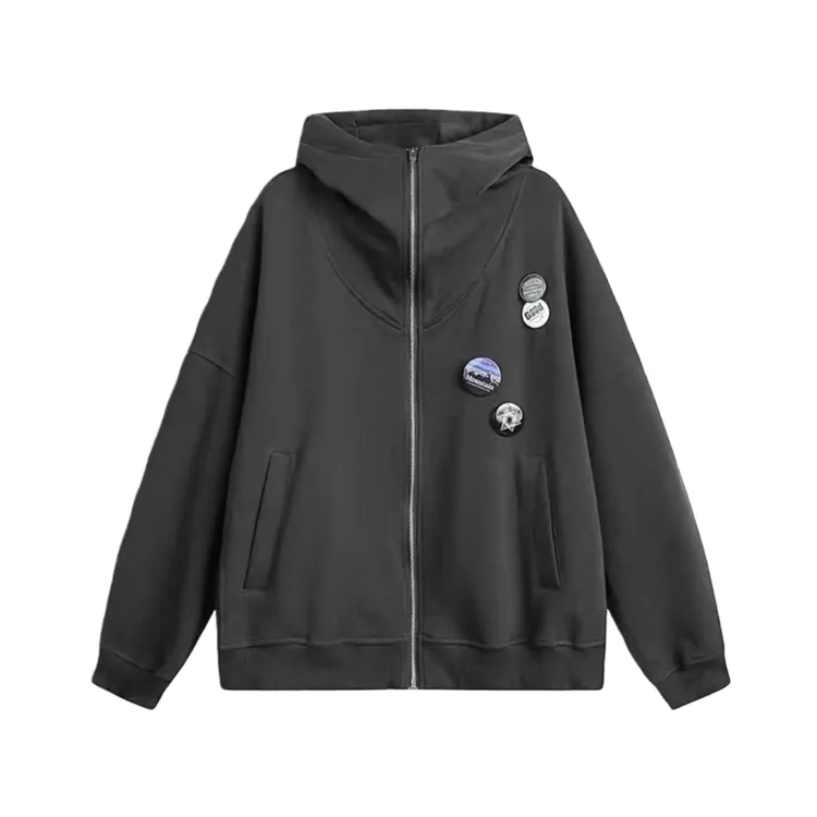 潮牌胸章简约加绒连帽开衫卫衣秋冬保暖厚款拉链时尚百搭外套