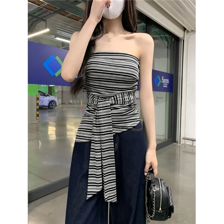 新款百搭高级设计感复古条纹抹胸背心女夏季设计感绑带收腰无袖上