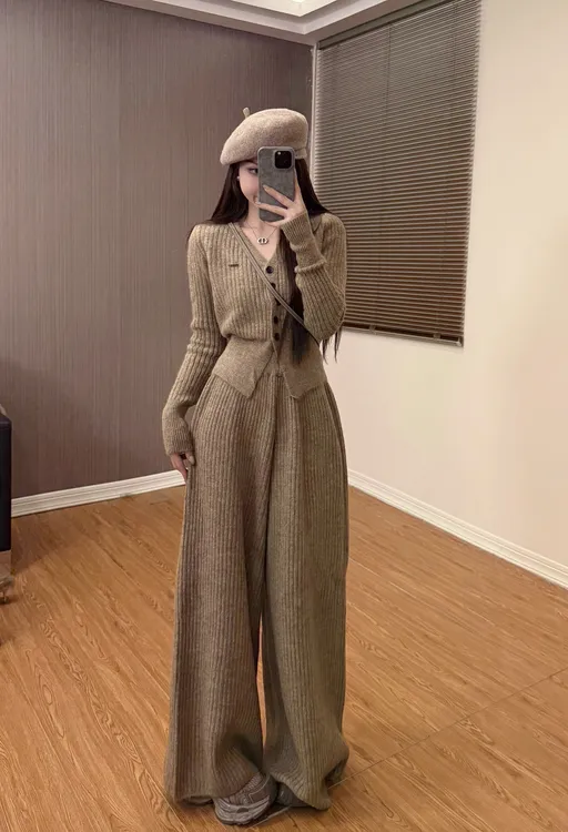 欧货2025冬季新款韩版时尚针织毛衣套装女V领打底衫阔腿裤两件套