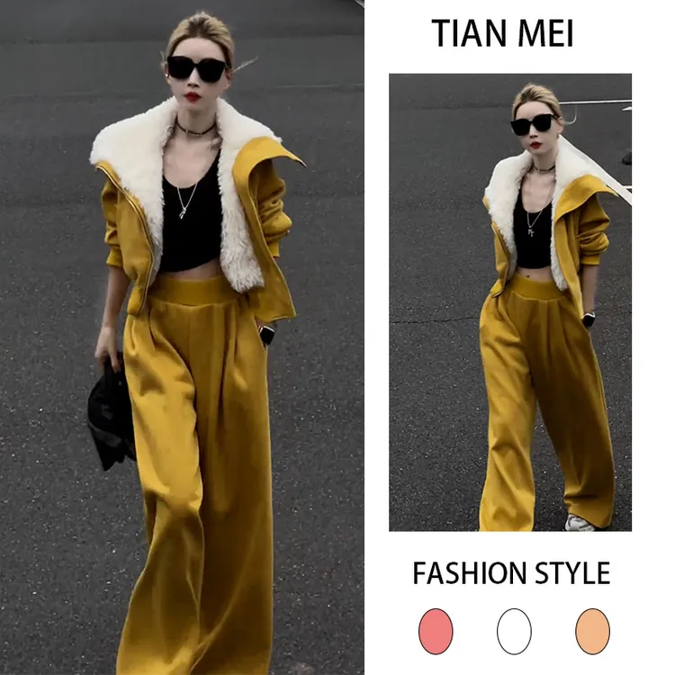 2025秋冬季新款设计感洋气气质长袖加绒外套女搭加绒休闲裤两件套