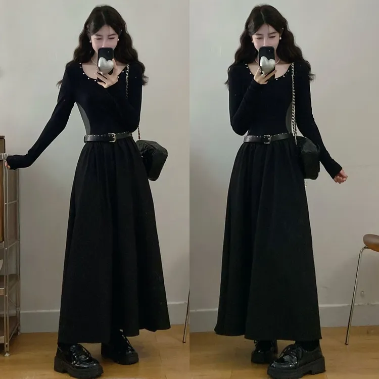 大码胖mm秋季新款大码法式收腰显瘦拼接黑色长袖连衣裙女