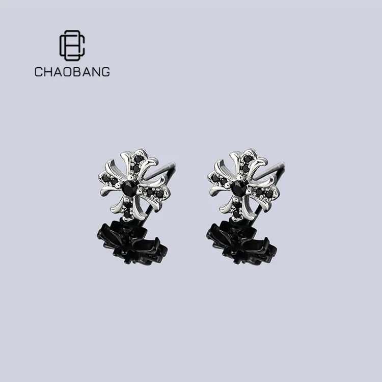 chaobang/潮邦 铜合金耳饰 镶钻十字花轻奢耳钉轻奢冷淡风ins耳饰