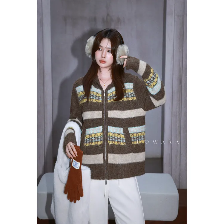 现货大婉酱微胖定制绵羊毛提花休闲复古费尔岛连帽毛衣冬季1169D