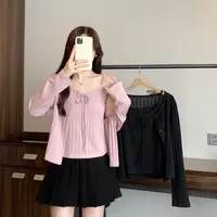 甜美风套装长袖针织开衫系带背心两件套百搭2025秋装新款胖mm韩系