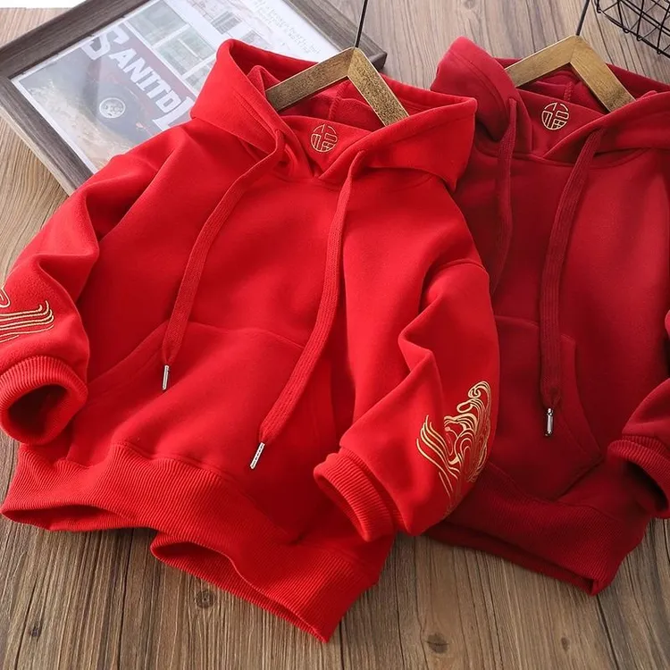 男童红色加绒连帽卫衣2025新款大童蛇年拜年服儿童本命年过年衣服