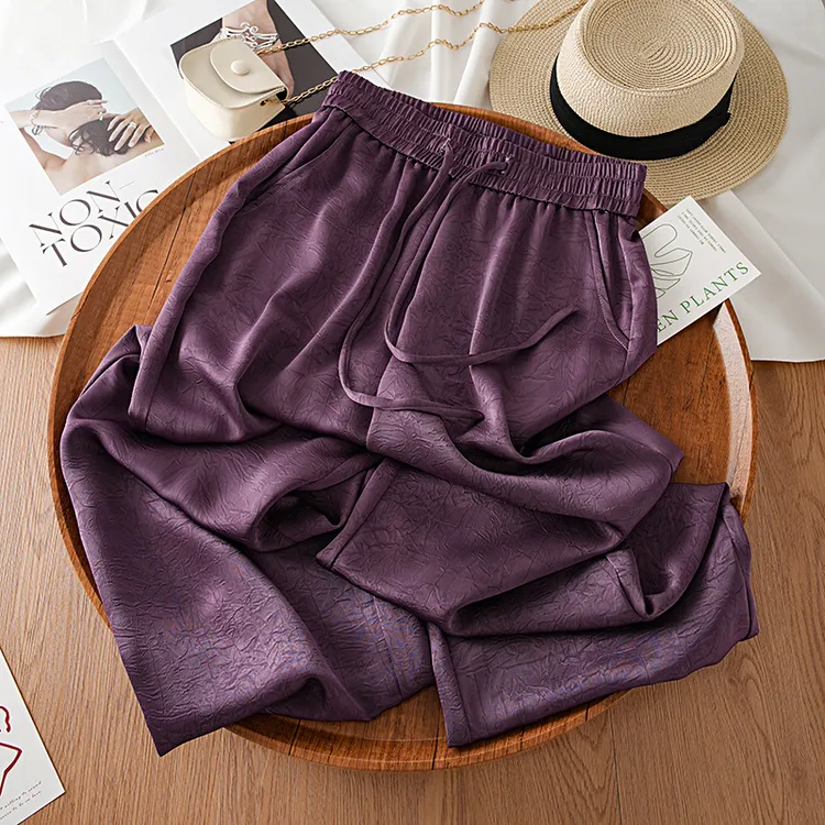 醋酸缎面冰丝休闲阔腿裤女夏季薄款2025新款高腰宽松休闲直筒裤子