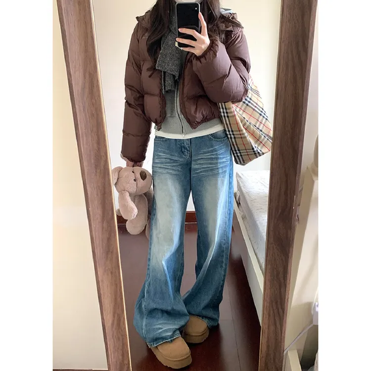美式折痕阔腿牛仔裤女2025春秋新款高腰做旧宽松垂感直筒拖地裤子