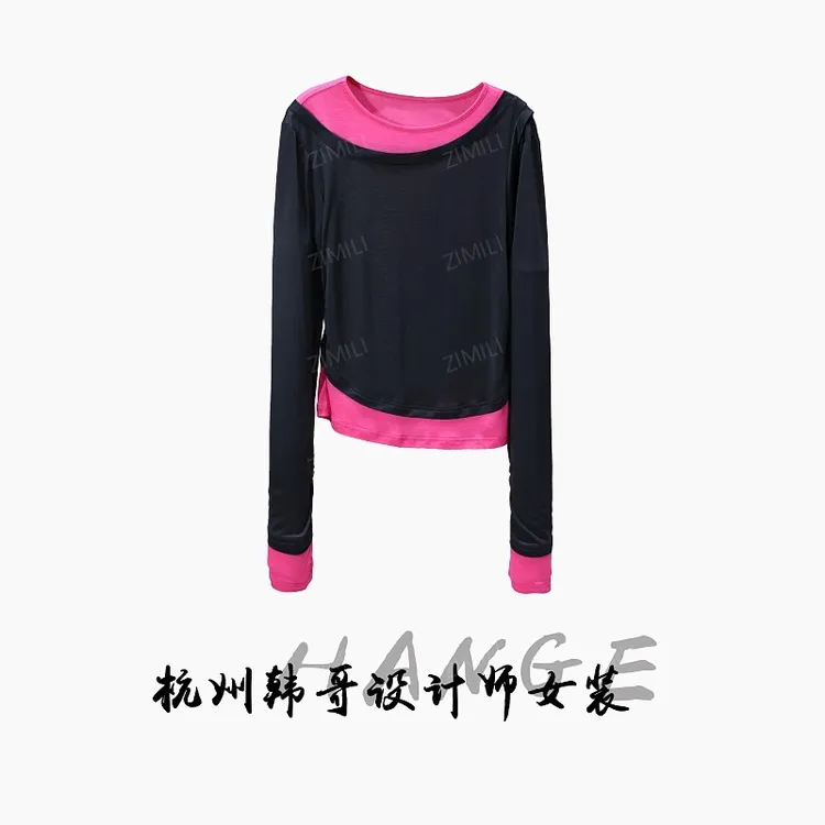 【韩哥女装】2025欧版新品深灰色撞色拼接长袖高弹打底上衣8625