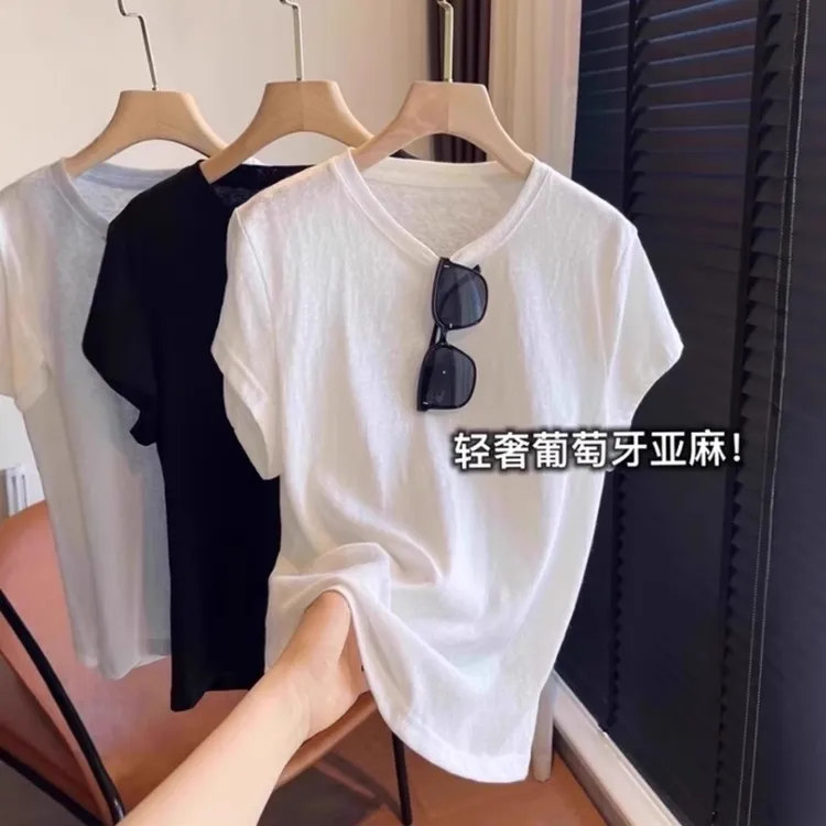 白色亚麻正肩短袖T恤女夏季薄款宽松百搭显瘦凉爽纯色圆领上衣女