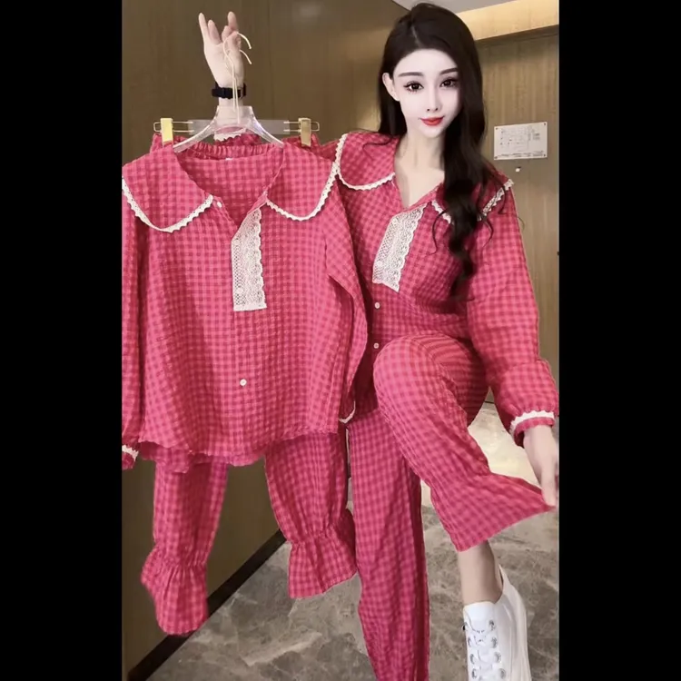 减龄甜美格子家居服女长袖娃娃领睡衣套装秋冬