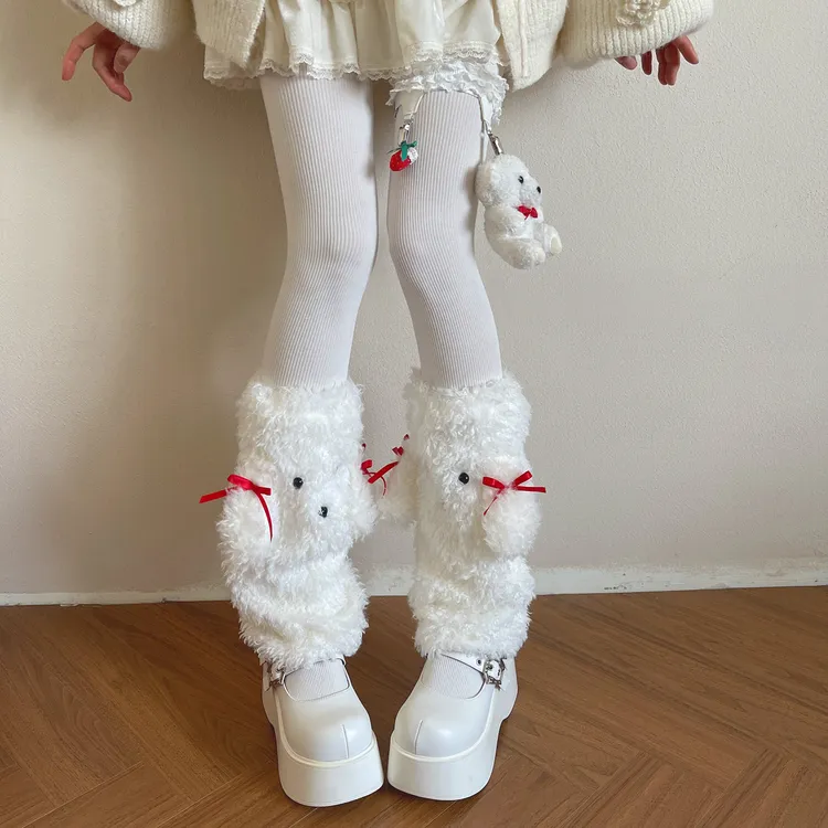 袜贵人新品可爱卷毛大耳狗圣诞新年红色蝴蝶结保暖少女中筒袜套女