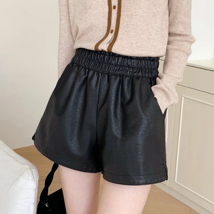 百搭显瘦阔腿短裤女松紧腰a字休闲裤外穿高腰皮短裤女