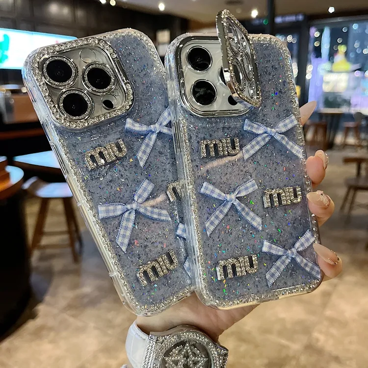 适用苹果系列iPhone16新款手机壳蓝色蝴蝶结mi全包镜头膜钻框支架