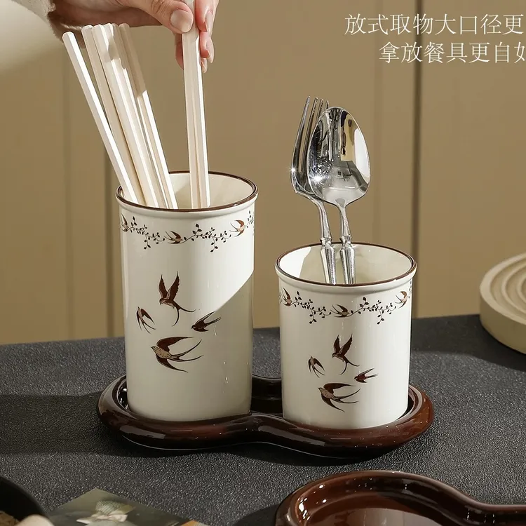 满氛中古风筷子筒厨房台面收纳盒沥水防霉家用陶瓷筷子笼筷勺架
