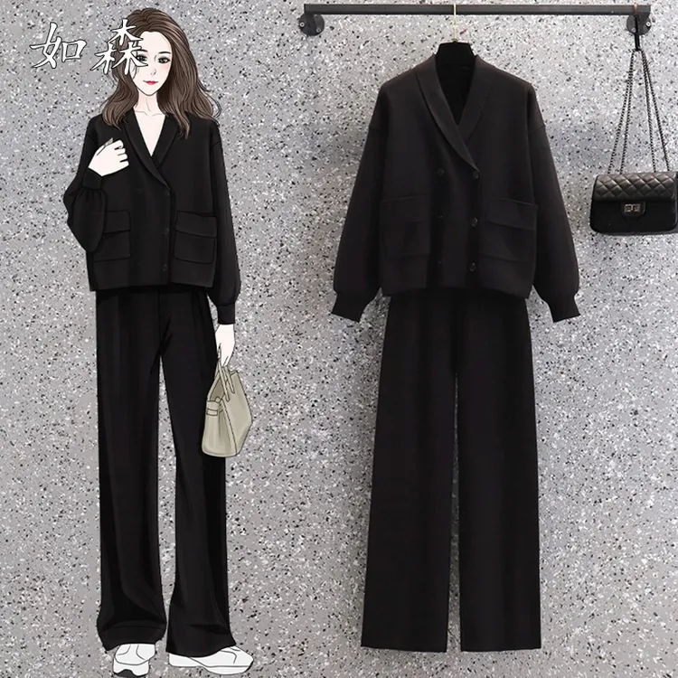 2025新款秋装加码女装中年胖妈妈套装减龄瘦身Look针织裤两件套女