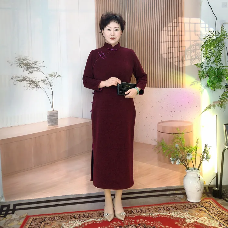 【紫薇】加厚紫色大码秋冬款旗袍气质长袖网红复古中长款中国风